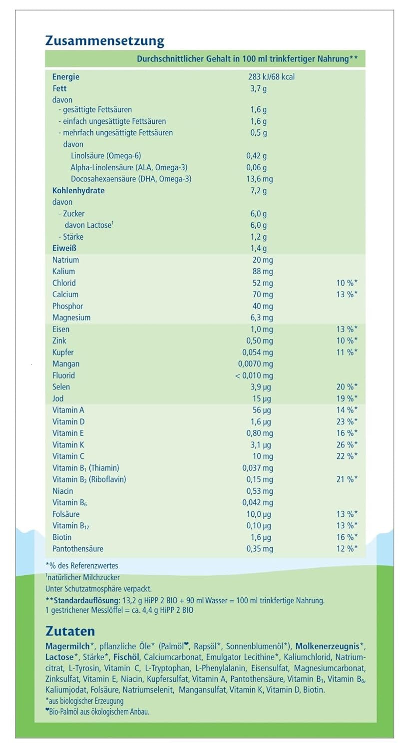 HiPP 2 Bio-Folgemilch (4 x 600g), nach 6 Monaten, mit Omega-3 (DHA, ALA), Calcium und einfach zuzubereitender Bio-Stärke, in bester Bio-Qualität