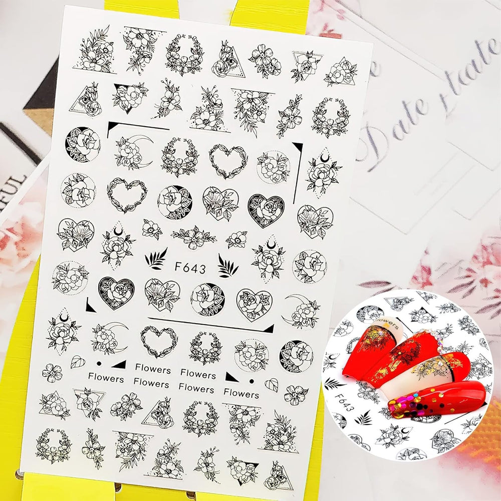 7 Blätter Nagelsticker Selbstklebend Nagelsticker Blumen Abstrakt 3D Schwarz Nagelaufkleber Nageldesign Herzform Wörter Pflanzen Nagel Sticker DIY Nail Art Zubehör Maniküre Dekoration