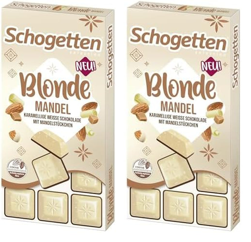 Schogetten Blonde Mandel | Weiße Schokolade mit Karamell- und Mandelstückchen | 100 g | Praktisch portioniert (2er-Pack)