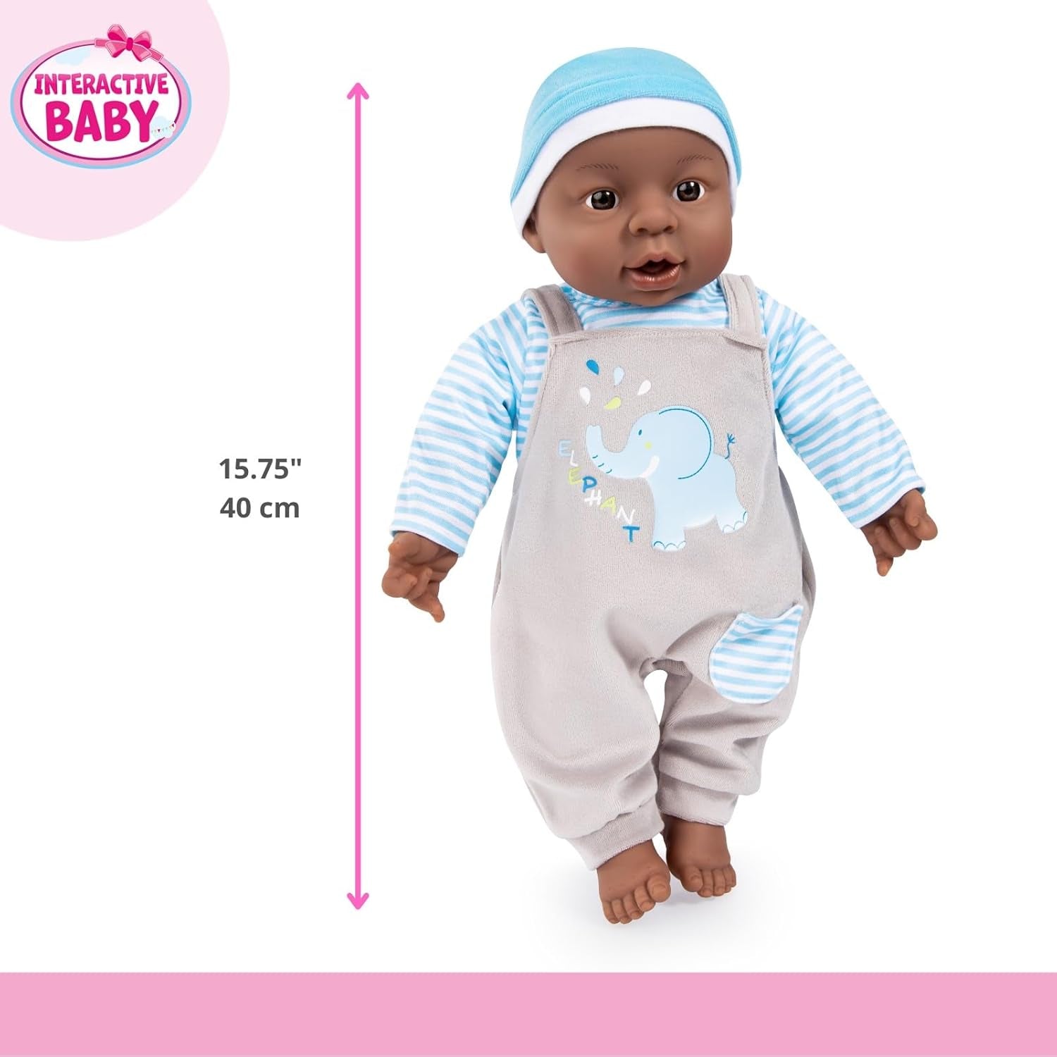 Bayer Design 94001AH Păpușă interactivă pentru bebeluși, băiat, vorbitoare, corp moale, 40 cm, piele închisă la culoare, albastru