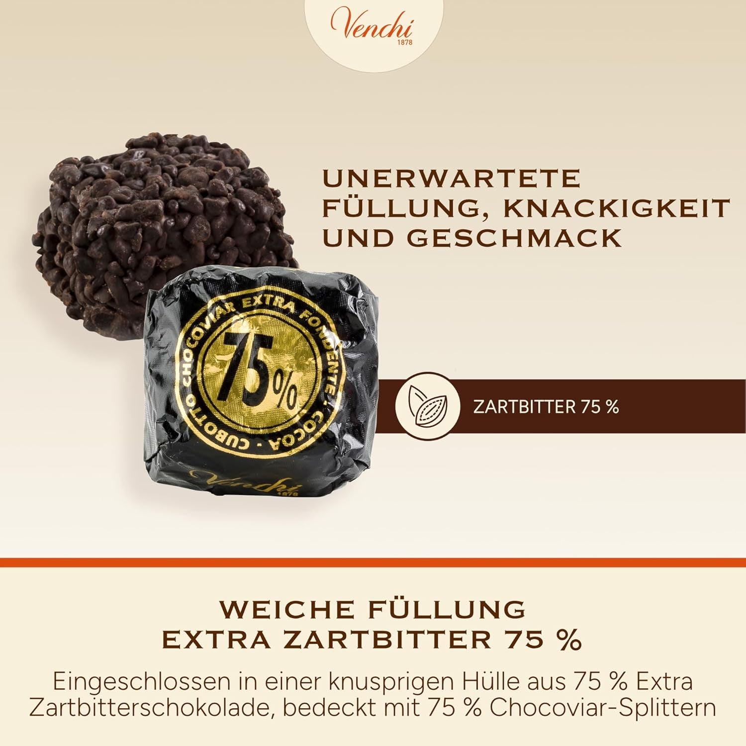 Venchi – Chocoviar-Würfel 75 % – Pralinen mit „Cuor di Cacao“-Füllung, extra dunkler Schokolade und Chocoviar-Granulat 75 % – 1 kg Großpackung – Vegan – Glutenfrei