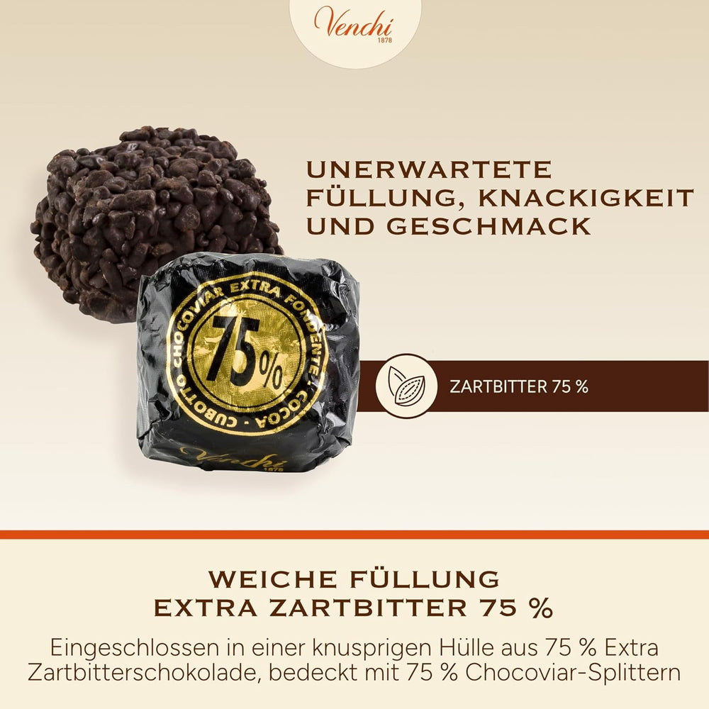 Venchi – Chocoviar-Würfel 75 % – Pralinen mit „Cuor di Cacao“-Füllung, extra dunkler Schokolade und Chocoviar-Granulat 75 % – 1 kg Großpackung – Vegan – Glutenfrei