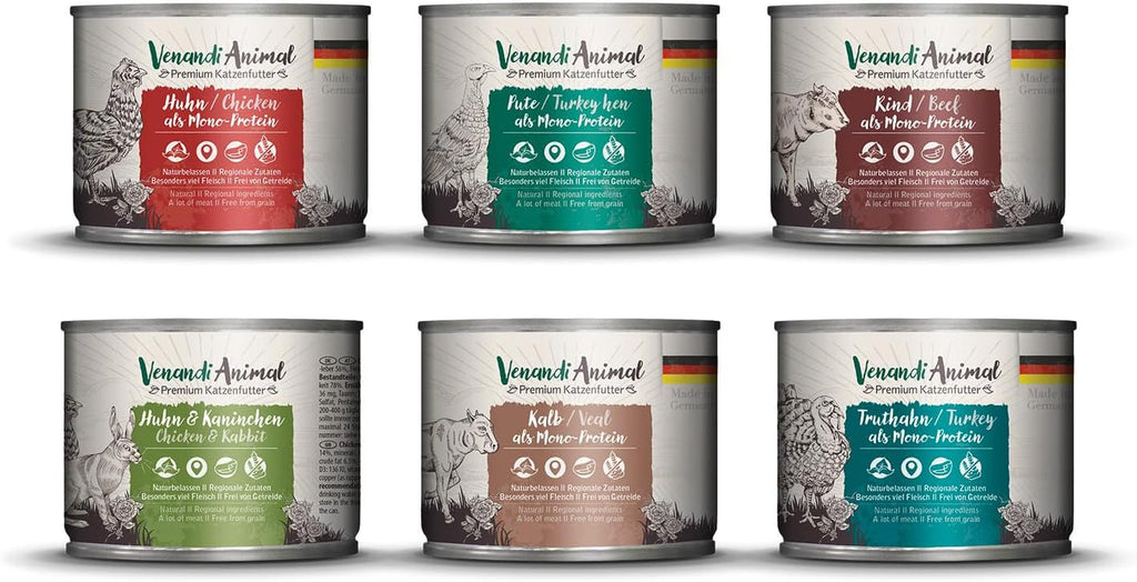 Venandi Animal Premium Hrană umedă pentru pisici, Tasting Pack III, pui, curcan, vită, pui + iepure, vițel, curcan, 6 X 200 G, fără cereale și naturală, 1.2 Kg