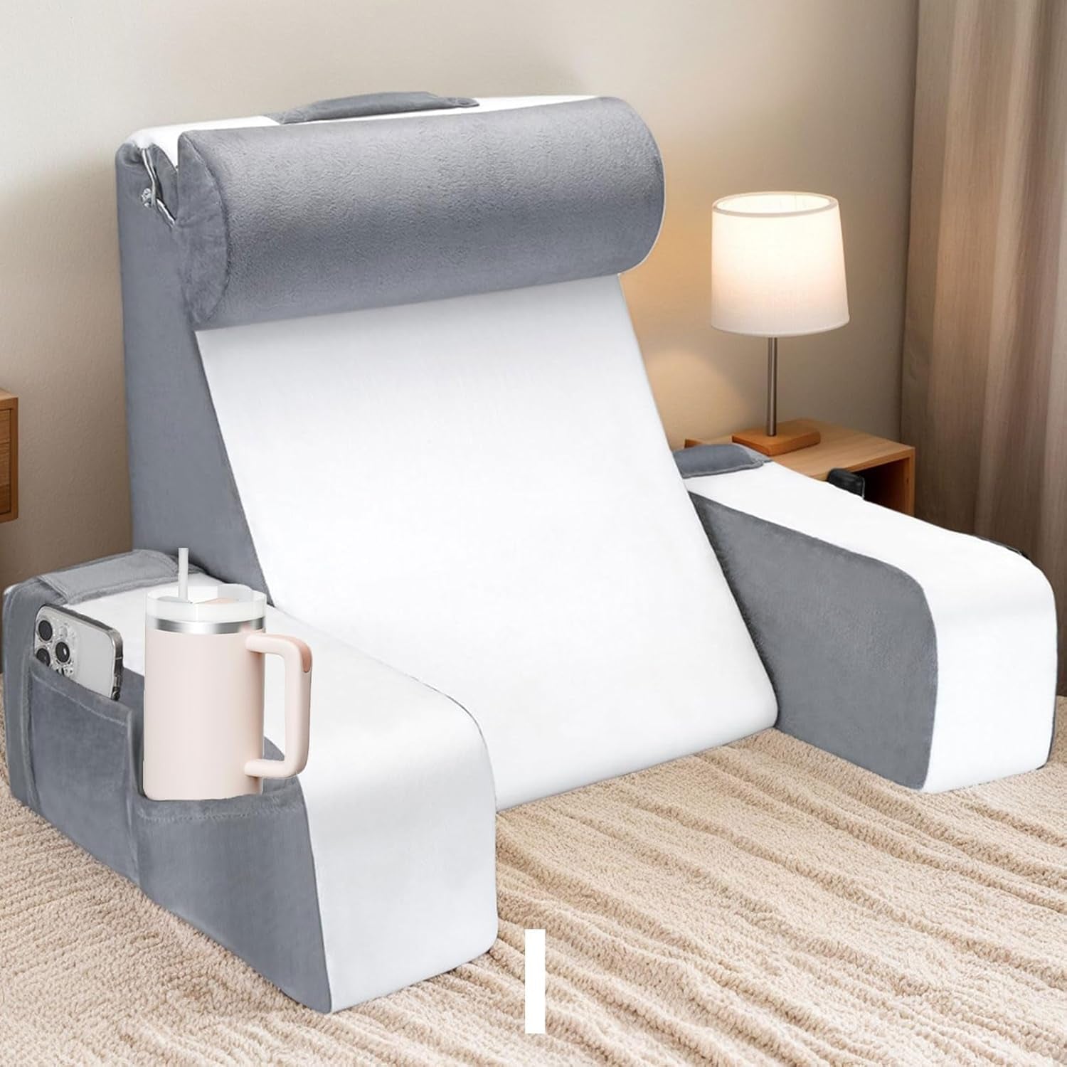 Pernă mare de citit pentru pat și canapea, pernă pentru spate pentru adulți cu suport pentru gât și cotiere, pernă ergonomică pentru spătar cu buzunar și husă lavabilă pentru odihnă, citit, vizionat la televizor (WH)