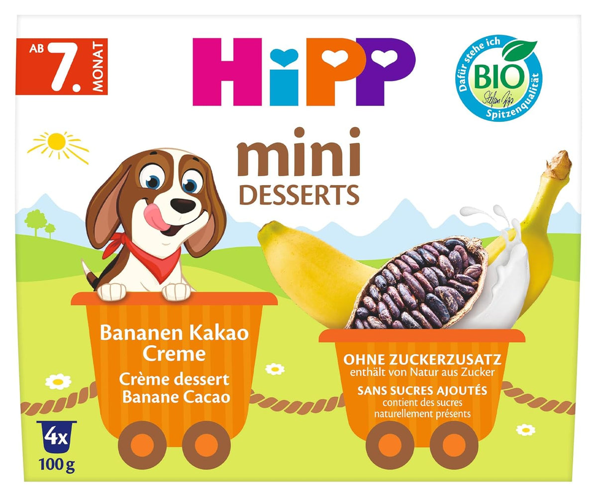 HiPP Mini Dessert Bio-Bananen-Kakao-Creme (Packung à 6 x 4 x 100 g), ab 7 Monaten, im praktischen Becher, ohne Zuckerzusatz, in bester Bio-Qualität