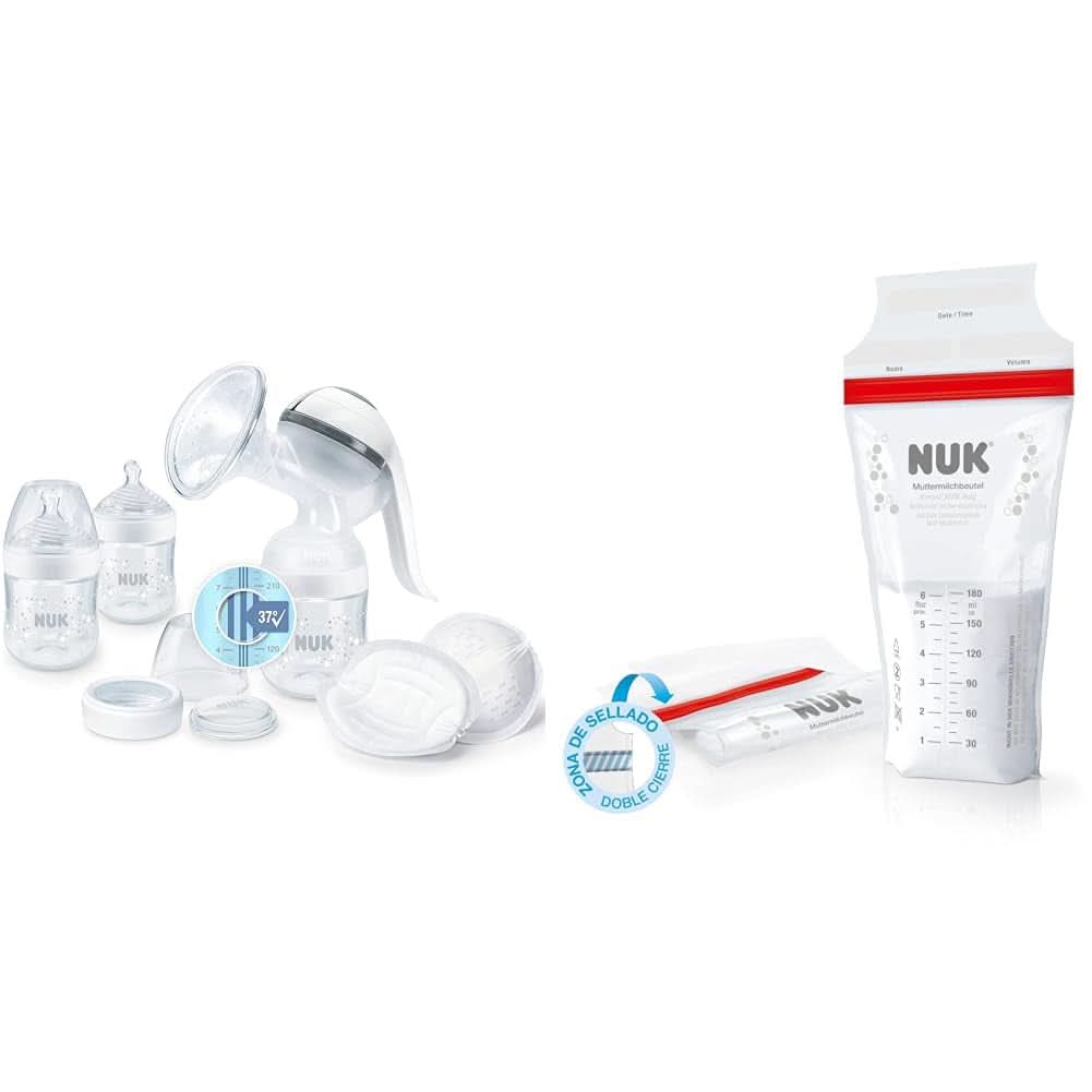 NUK Nature Sense Handmilchpumpe | Stillset mit manueller Milchpumpe, Flaschen und Stilleinlagen Ultra Dry Comfort | 6 Stück Lebensmittel- und Stillzubehör Bebe Naty Shop Paket mit Beutel für Muttermilch Mit Temperaturkontrolle