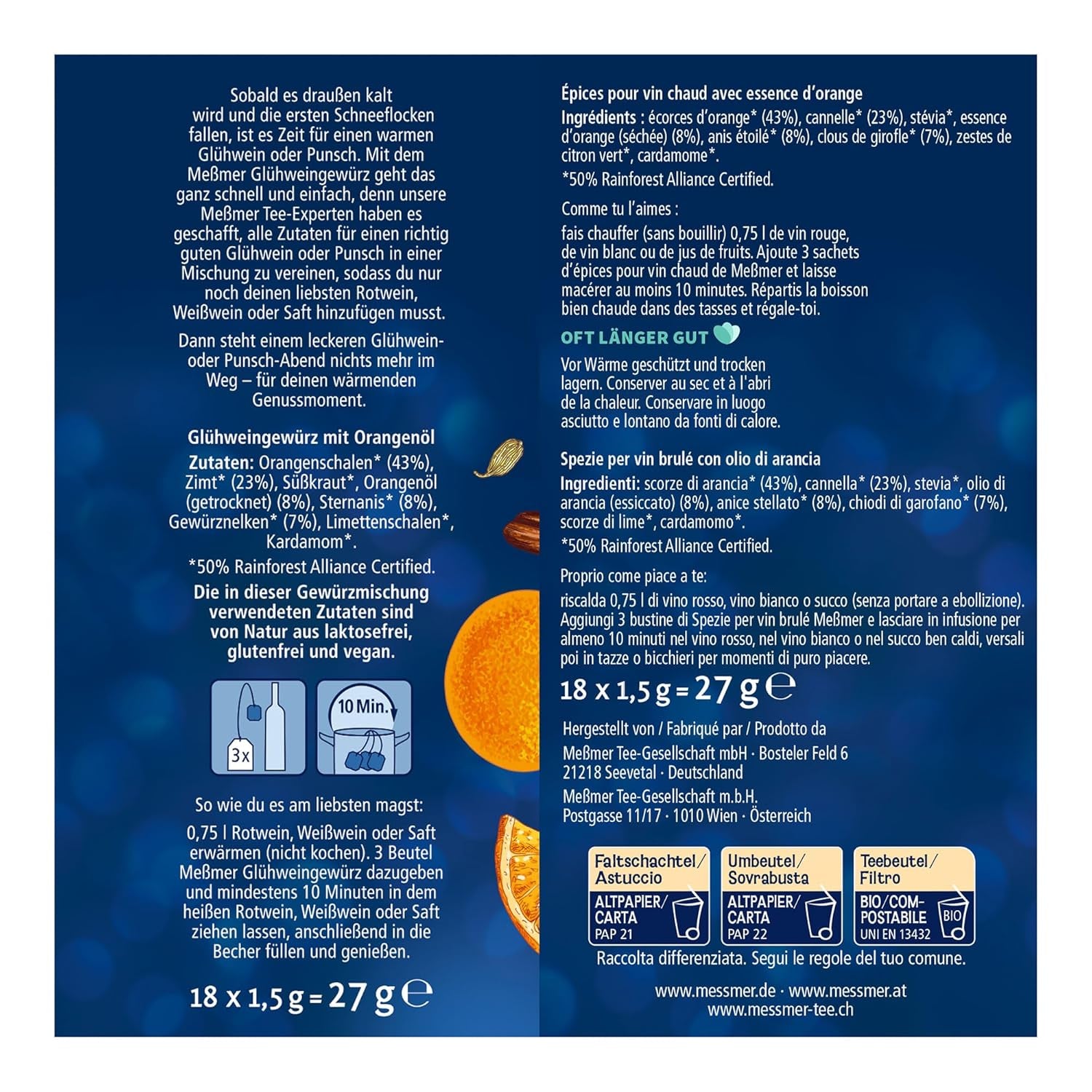 Meßmer Glühweingewürz | Für Wein oder Saft | 18 Teebeutel | Glutenfrei | Laktosefrei, vegan