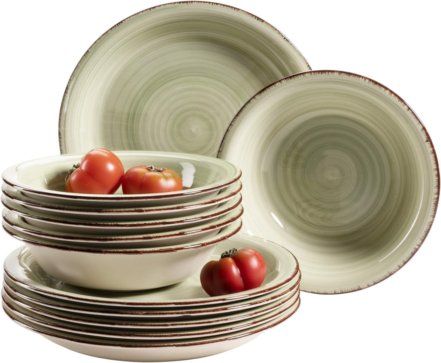 MÄSER set de farfurii pentru 6 persoane cu aspect vintage modern, serviciu de masă din 12 piese, pictat manual, verde, gresie, verde măsliniu (Bel Tempo II) Seturi vesela masa Naty Shop