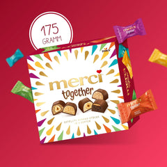 Merci Together – 1 x 175g – Gefüllte Pralinen in fünf Sorten mit feiner Vollmilchschokolade – Schokoladenpralinen zum Teilen und Verschenken