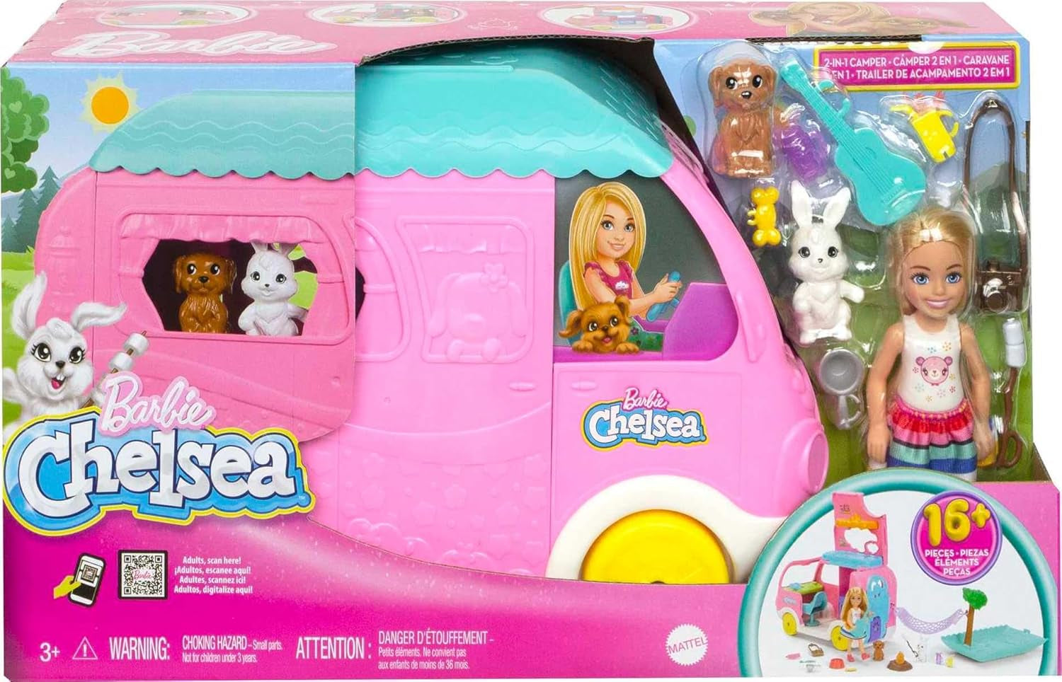 Rulotă Barbie Chelsea 2 în 1 - Vehicul de jucărie cu piscină, hamac și zonă de luat masa, pentru joacă imaginativă și povești, vârste 3+, HNH90