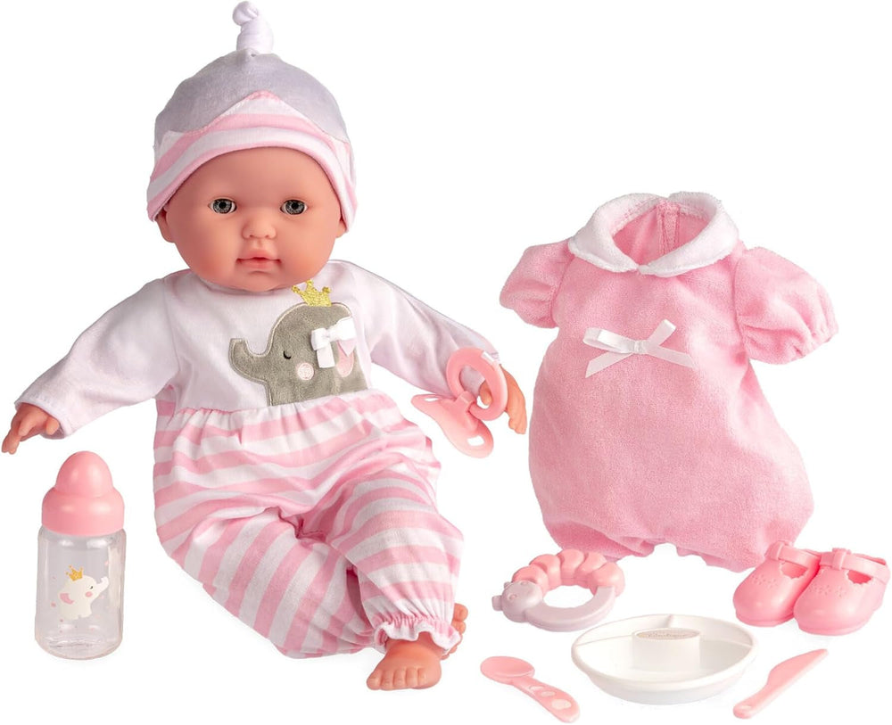 JC Toys- Berenguer Boutique 38 cm große realistische Babystoffpuppe mit offenen/geschlossenen 10-teiliges Geschenkset mit Flasche, Rassel, Schnuller & Zubehör Rosa Ab 2 Jahren