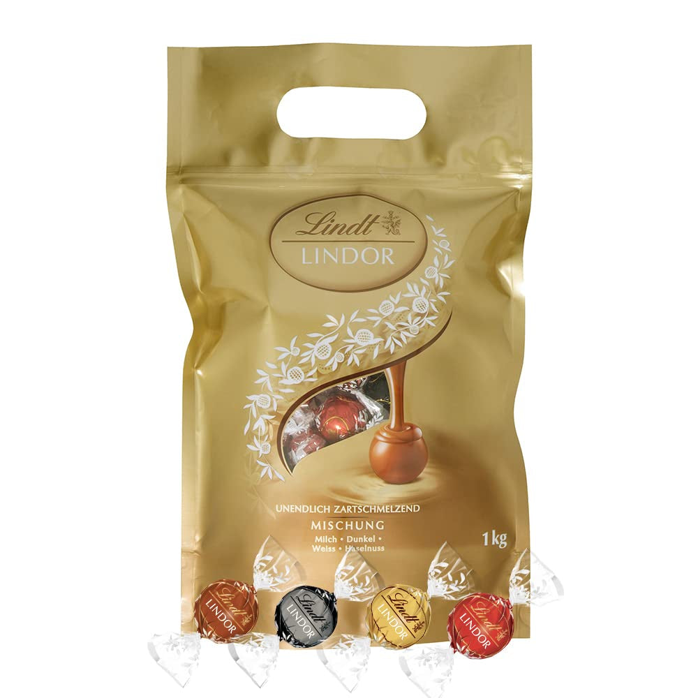 Sortiment Lindt Schokolade LINDOR | 1371 g, Klassisch | ca. 80 Kugeln Schokolade (Milch, Weiß, Zartbitter 60 %, Haselnuss) | Großpackung, 1 kg