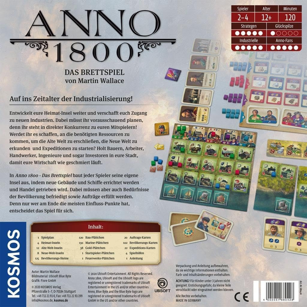 KOSMOS 680428 Anno 1800, Jocul de societate bazat pe popularul joc pentru PC, un joc de strategie de construire a orașelor pentru 2-4 jucători, potrivit pentru vârste de 12 ani și peste, cu grafică originală