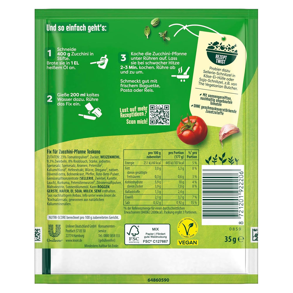 Knorr Fix Veggie Würzmischung Zucchini-Pfanne Toskana mit Gemüse für ein leckeres Gericht ohne geschmacksverstärkende Zusatzstoffe 3 Portionen
