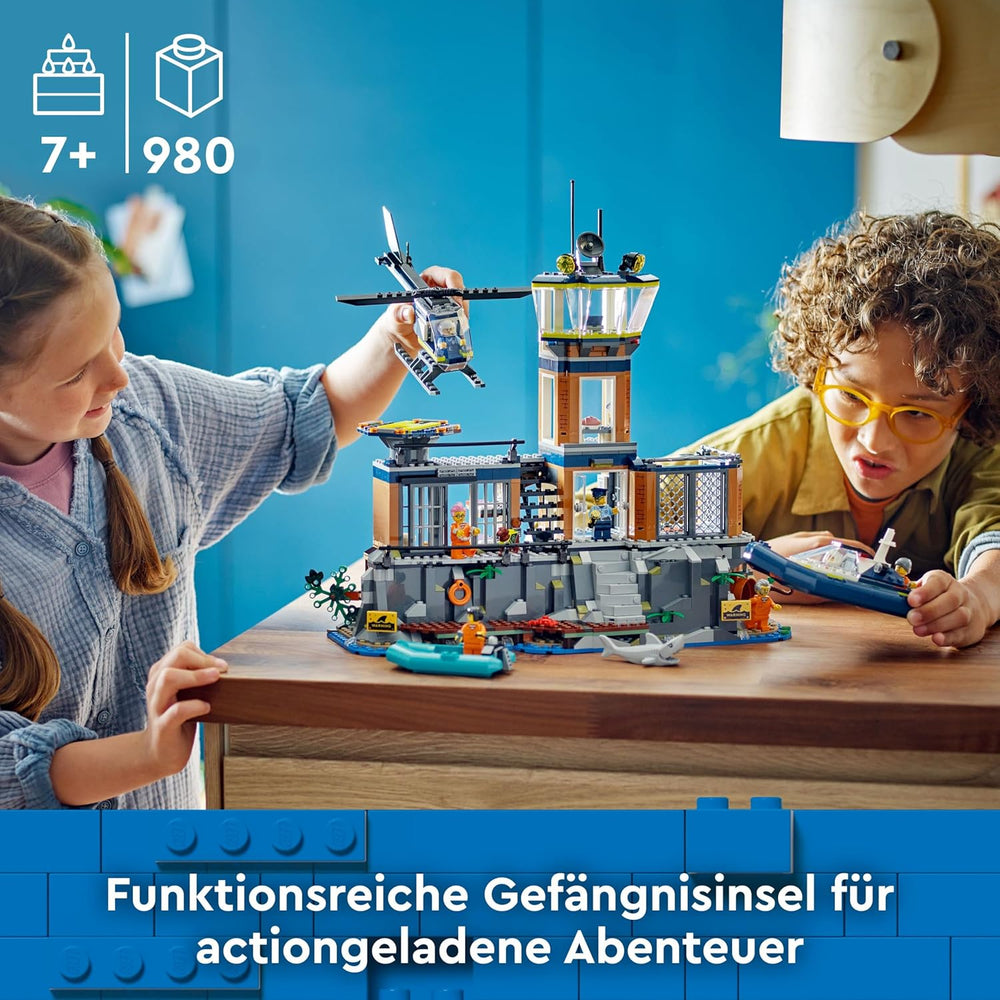 LEGO City Polizeistation auf der Gefängnisinsel, Polizeispielzeug mit Hubschrauber, Stiefel und Hai, Set mit 7 Minifiguren und Hund, Geburtstagsgeschenk für Jungen und Mädchen ab 7 Jahren 60419