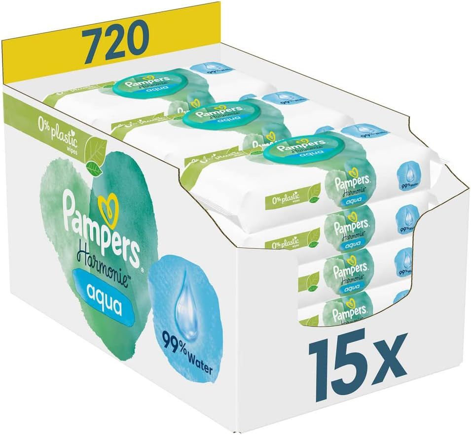 2320 Plus 2017 Nachfüllbox (6er-Pack) und Pampers Harmony Aqua Baby Feuchttücherbox, 720 Tücher (15 x 48), sanfter Hautschutz mit 99 % Wasser