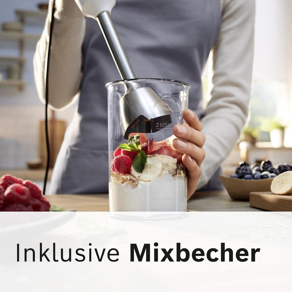 Bosch Stabmixer Ergomaster Serie 4 MSM4W210, Einhändig Bedienbar, Edelstahl-Klingen, Verschleißfreie Keramik-Kupplung, Mixbecher, Quattroblade, Antisplash Funktion, Einschaltsperre, 600 W, Weiß Mama si Copilul Naty Shop