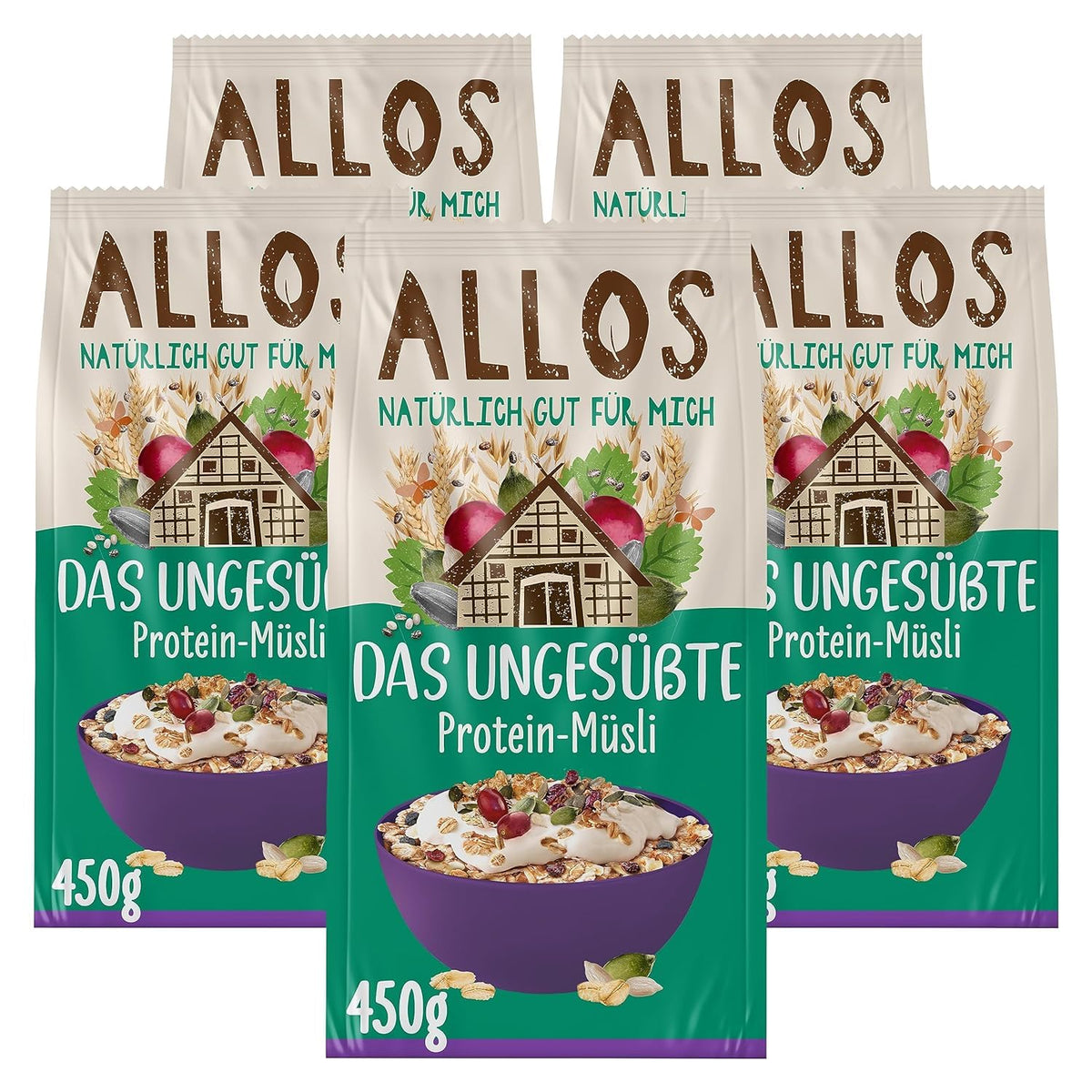 Allos ungesüßtes Proteinmüsli | Bio-Müsli | Haferflocken | Müsli zum Frühstück | Vegan (5 x 450g), 1 Stück (5er Pack)