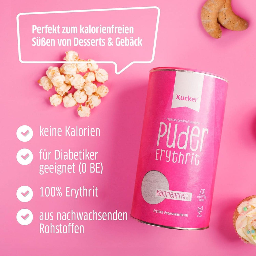 Xucker Puderzucker Erythrit – Kalorienfreier Zuckerersatz, 600 Gramm Süßstoffe Naty Shop