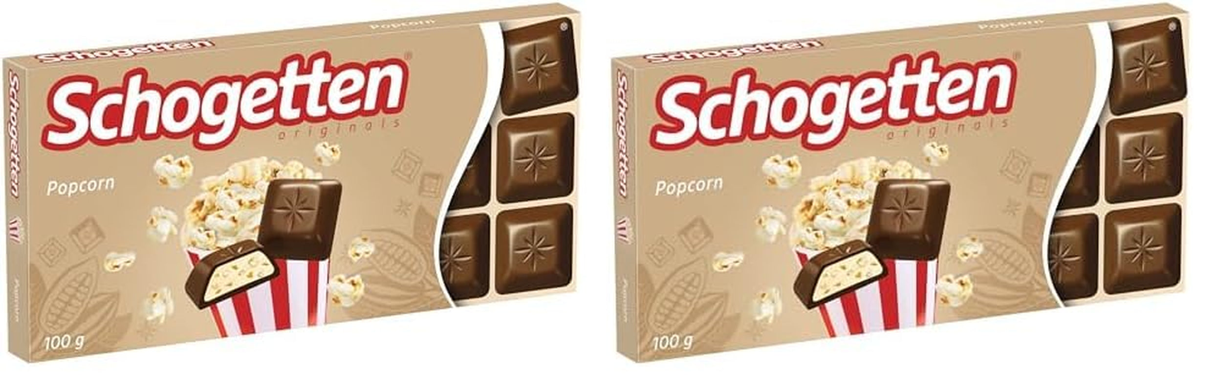 Schogetten Popcorn 1 Tafel Schokolade x 100g, Milchschokolade mit Popcorn und Maisstückchen, praktische Einzelstücke. Eine Delikatesse. Stück für Stück.