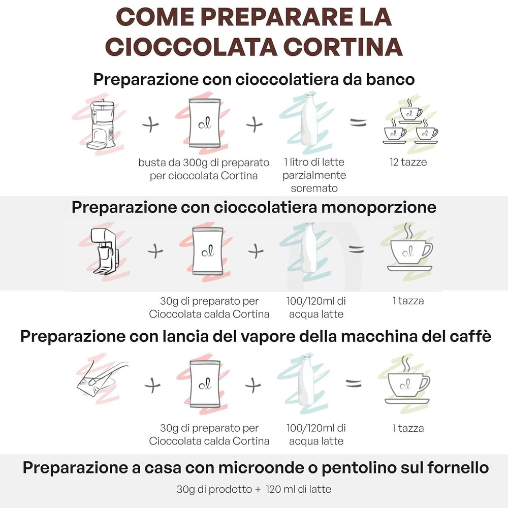 Italienische heiße Schokolade Cortina TART BITTER SCHOKOLADE, 15 Beutel x 30 Gramm Kakao und heiße Schokolade Naty Shop