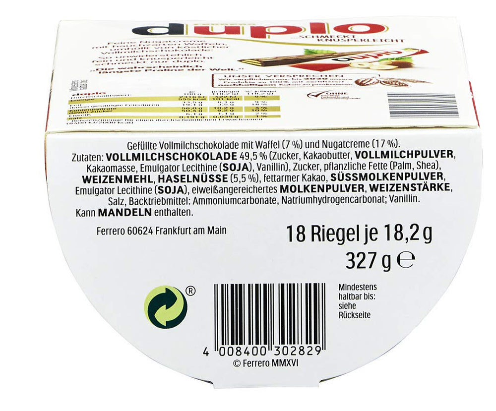 Ferrero duplo Großpackung – Schokoriegel mit feiner Nougatcreme, knuspriger Waffel und feiner Milchschokolade – Karnevals- und Faschingssüßigkeiten – 15 Packungen mit je 18 einzeln verpackten Riegeln