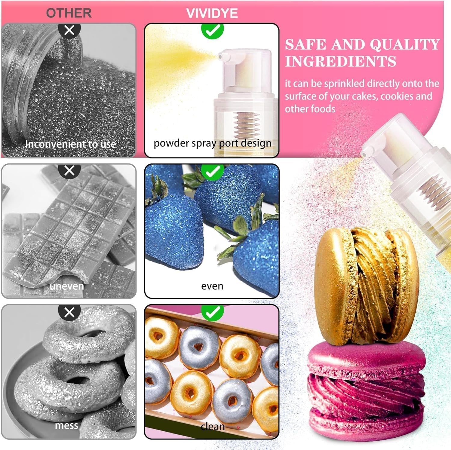 Set spray cu sclipici comestibil - 20 g praf de sclipici alimentar iridescent pentru băuturi, șampanie, prăjituri - colorant alimentar metalic comestibil pentru cocktailuri, vin, lichior, copt, prăjituri
