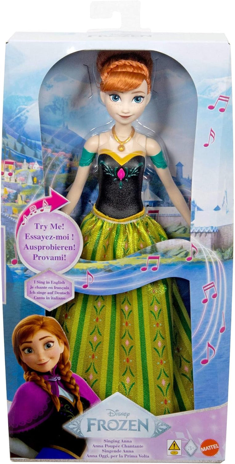 Jucării Mattel din Disney Frozen, păpușă de modă Anna cântătoare în ținută emblematică, cântă „Pentru prima dată” din filmul Disney în engleză, franceză, germană, italiană, JDL59