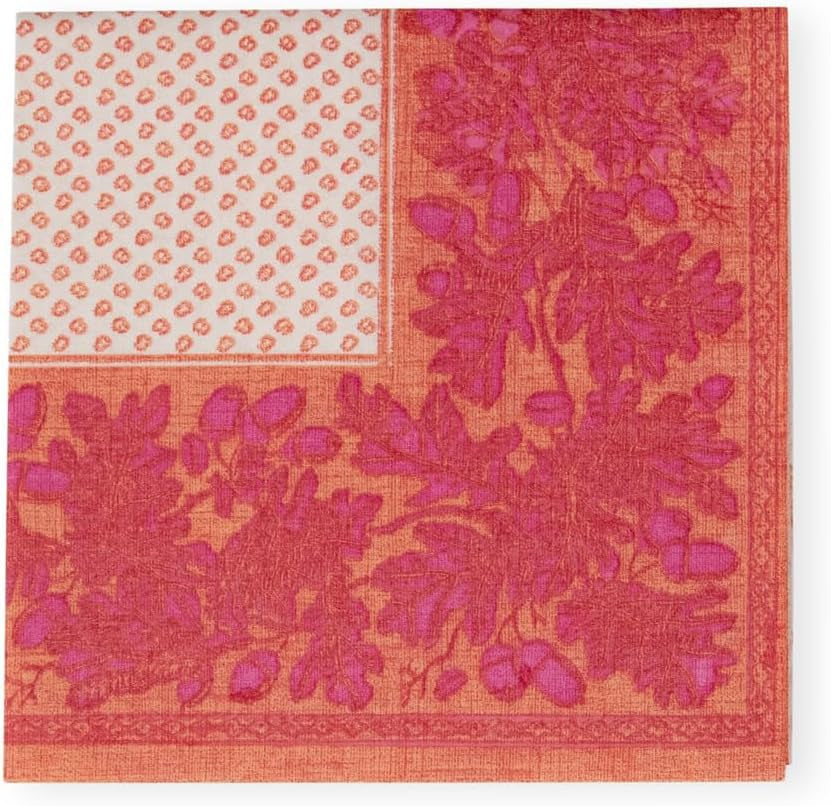 Șervețele de cocktail, frunze de stejar și ghinde, din in, portocaliu și fucsia, 15 bucăți per pachet