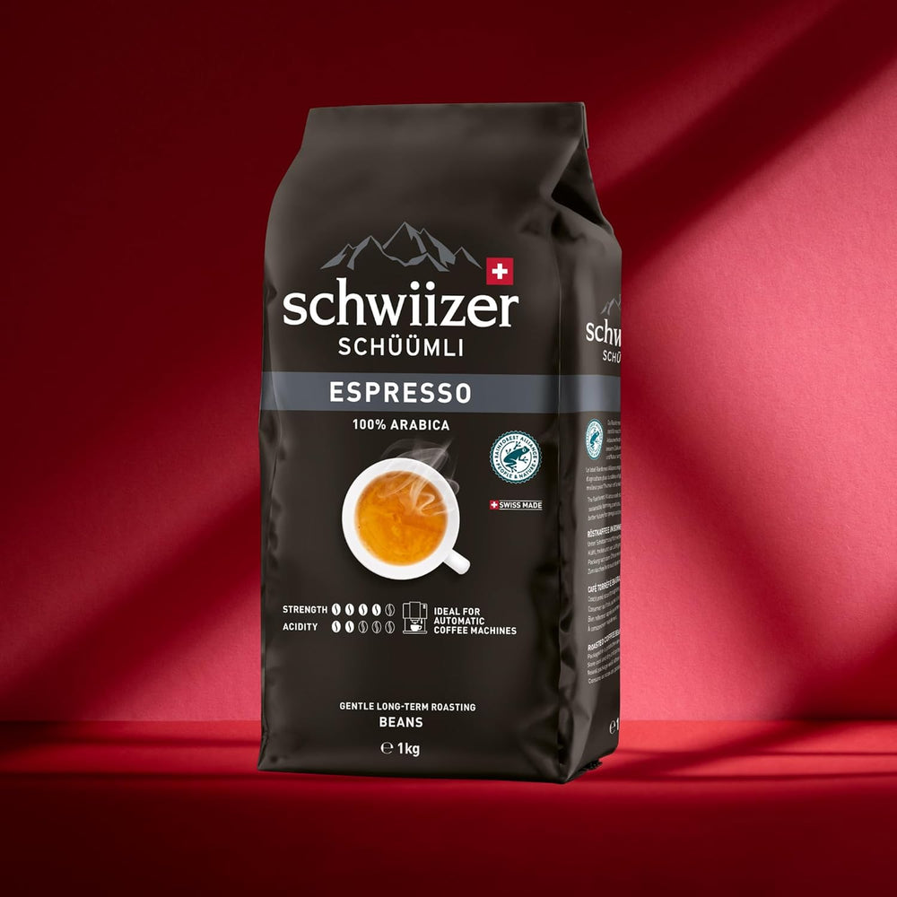 Schwiizer Schüümli Espresso, boabe de cafea 100% Arabica, tari și intense, ideale pentru espressoare automate, tărie 4/5, prăjire medie, Rainforest Alliance, 1kg