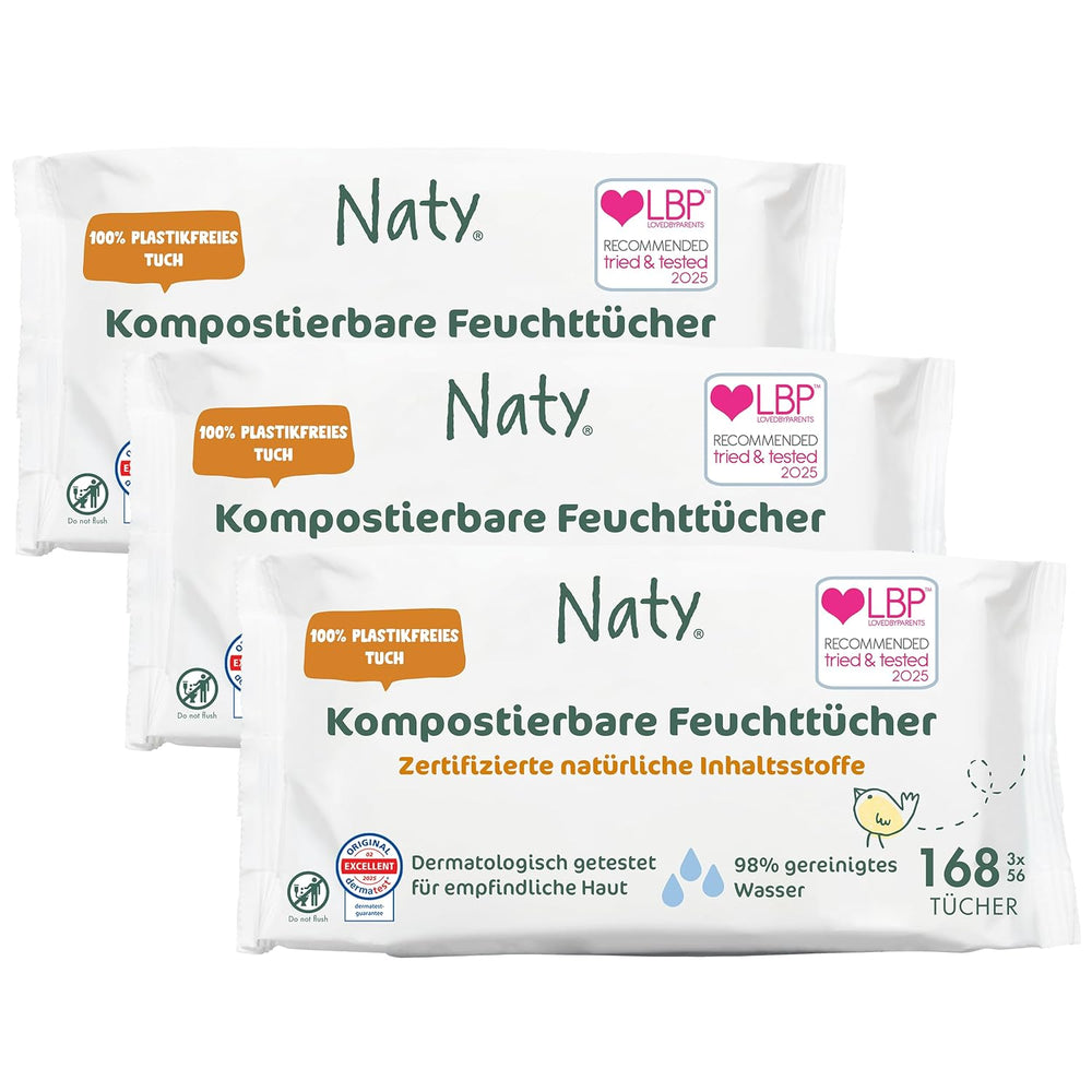 Naty Babytücher | 100 % frei von Kräutern und Duftstoffen für empfindliche Haut | Plastikfreie und zertifiziert kompostierbare Tücher mit 98 % gereinigtem Wasser | 672 Tücher (12 Packungen)