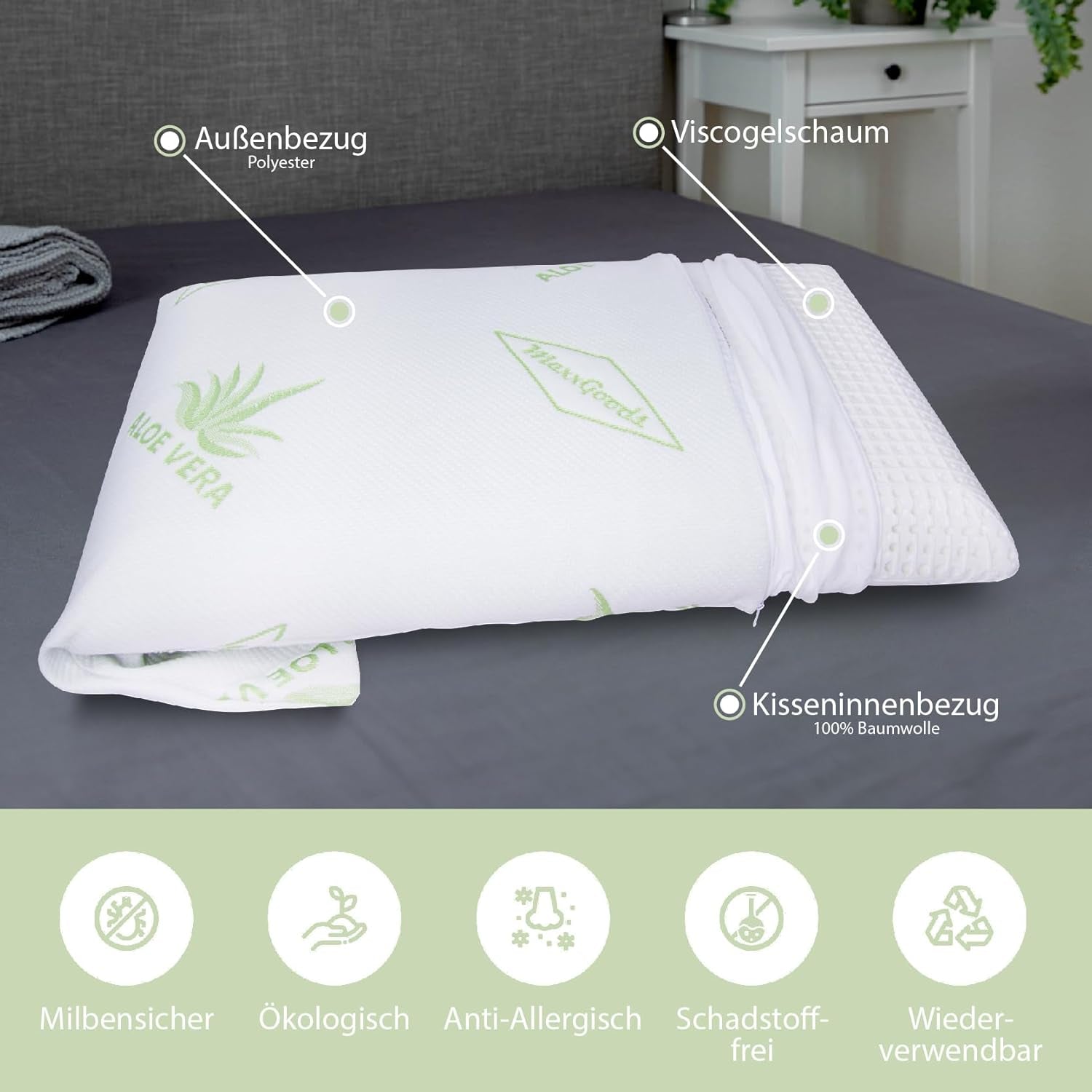 Maxxgoods pernă ortopedică, pernă de susținere a gâtului din spumă visco gel cu capac de protecție aloe vera și capac interior 100% bumbac - pernă pentru dormit pe stomac, spate și lateral (42Cm X 70Cm X 12Cm) Perne ortopedice cervicale Naty Shop