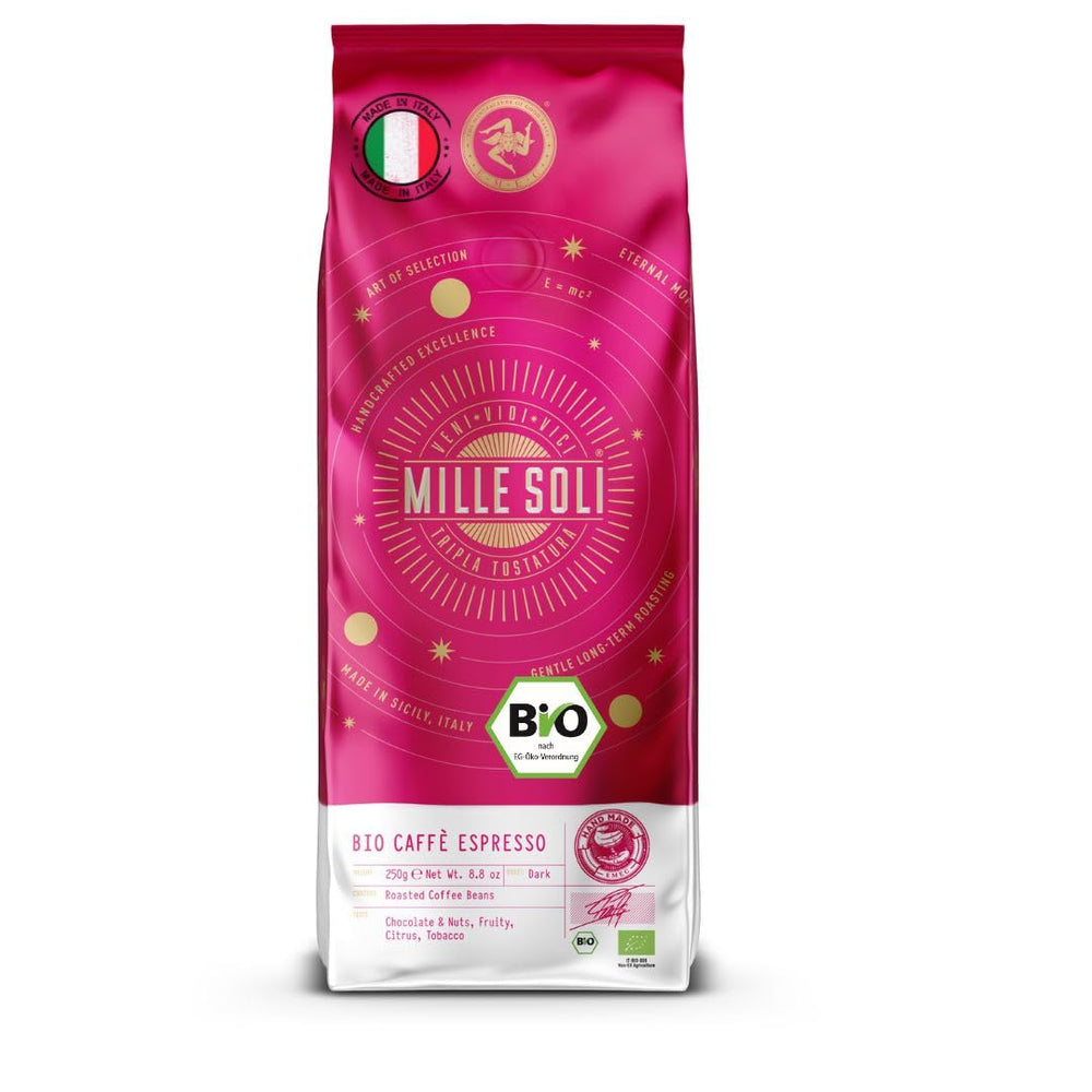 Boabe de espresso organice Caffè 250g - 100% organice - Prăjite în Sicilia - Metodă de prăjire veche de secole, lucrate manual - Boabe de espresso premium pentru aparate complet automate și portafiltru