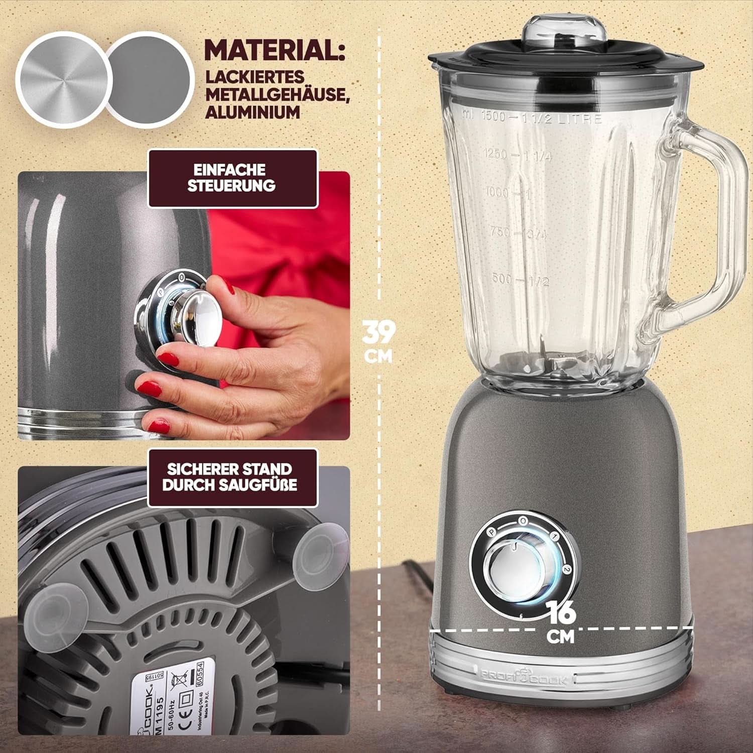 Proficook® Mixer Standmixer Mit Massivem 1.5L Glas-Behälter, Ice Crush & Turbo-Modus - Blender Mit 4Fach Piranha-Messer Aus Edelstahl - Hochleistungsmixer Mit Metallgehäuse 800W, PC UM 1195 Anthrazit Mutter und Kind Naty Shop