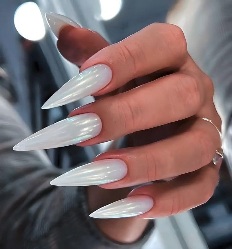 Mouyouglow Unghii lungi, Stiletto, alb lăptos, gradient roz, sclipici, cool, unghii false cu lipici, unghii artificiale roz Ombre sclipici