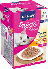 Vitakraft Poésie Création, Tender Selection, Hrană umedă pentru pisici, Hrană umedă pentru pisici în sos, cu pui, cu curcan, cu vită, fără adaos de zahăr și cereale (1 pachet de 6 x 85g)