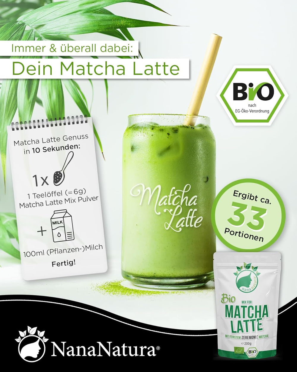 Nananatura'S Bio Matcha Latte Mix cu 22% pudră de ceai verde de calitate ceremonială din Japonia | Pentru o savurare simplă și delicioasă a ceaiului | Potrivit și pentru înghețată și produse de patiserie