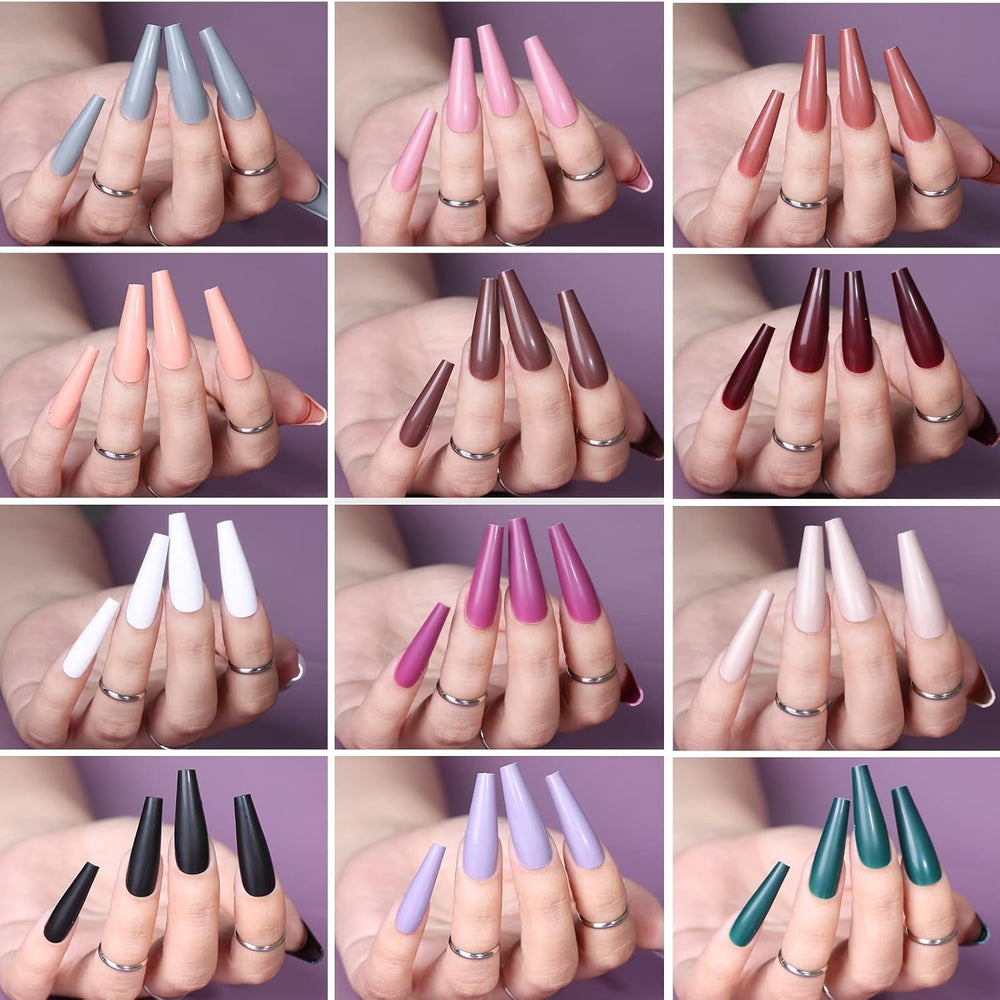 FANDAMEI 12 culori 288 buc unghii artificiale netede, balerină lungă, unghii false tip sicriu, vârfuri de unghii acrilice, balerină lungă pentru unghii artificiale