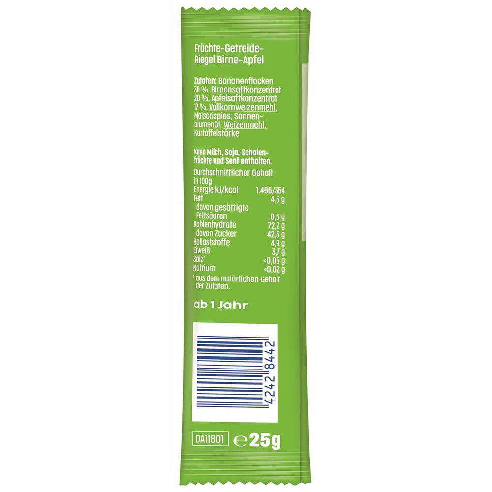 Birne-Apfel-Fruchtriegel (20 x 25 g), nur mit Früchten gesüßt, perfekter Snack für zwischendurch, zubereitet aus streng kontrollierten und ausgewählten Zutaten.
