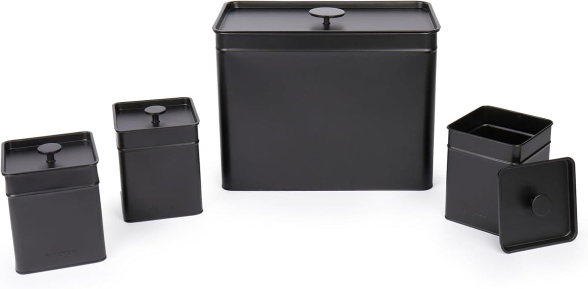 Salter BW12614EU7 Set de cutii de depozitare Kuro - 4 recipiente de bucătărie, pâine/ceai/cafea/zahăr, cutii pătrate de organizare, ușor de curățat, păstrează alimentele proaspete, negru Cutii depozitare alimente Naty Shop Set de 4 piese