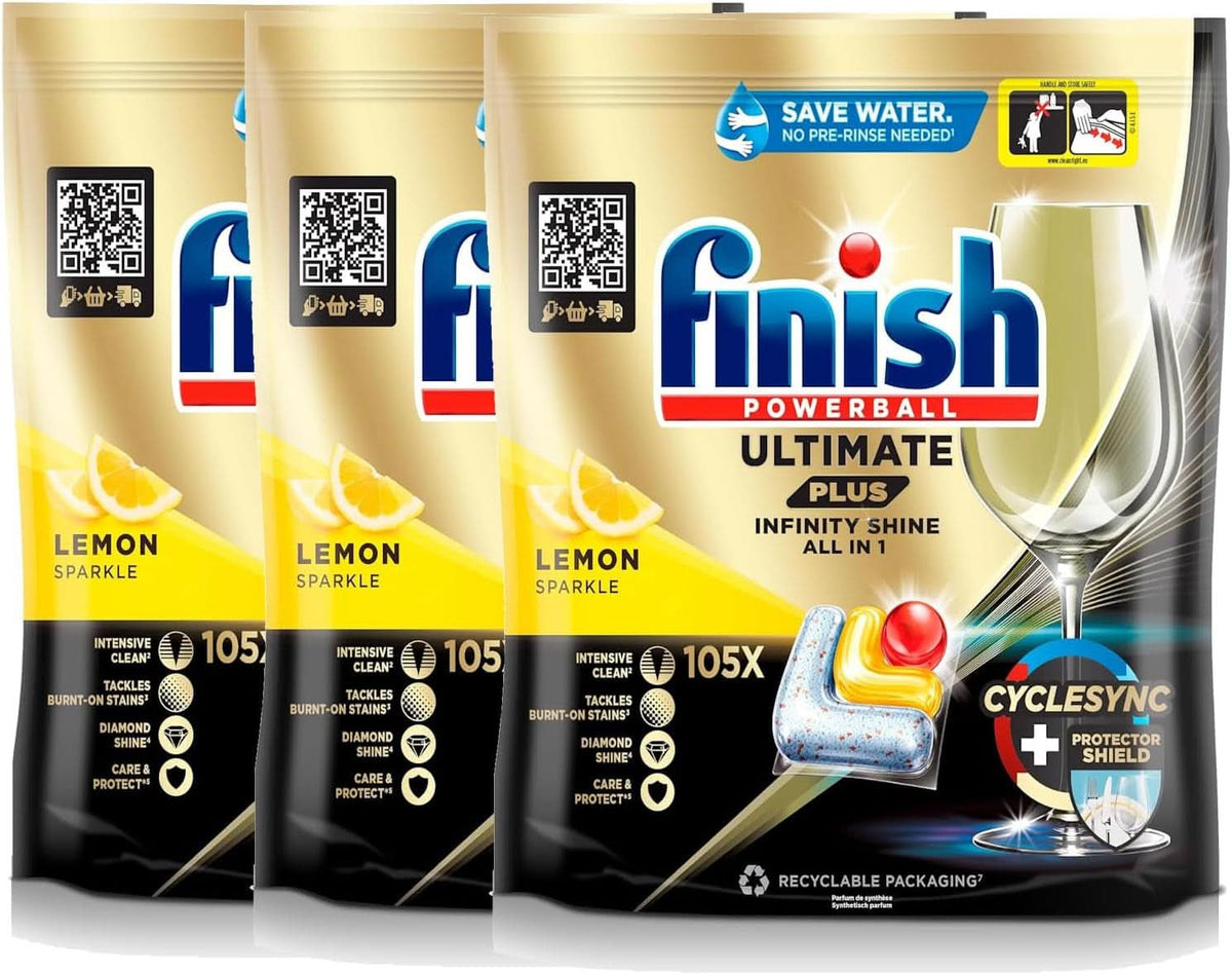 Finish Ultimate plus Infinity Shine Citrus Spülmaschinentabs – Tabs für die Spülmaschine, Intensivreinigung – 105 Kapseln, Zitrone Naty Shop Set 3 x 105 Kapseln
