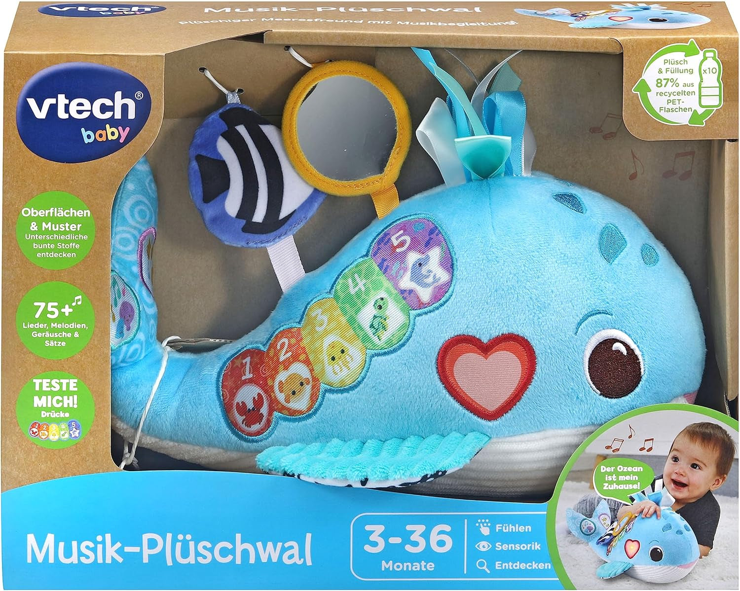 VTech Baby music plush whale - Jucărie interactivă de pluș pentru a descoperi și stimula simțul tactil - Cu cântece, fraze și melodii - Pentru copii cu vârsta cuprinsă între 3-36 luni Jucarii Bebe Naty Shop