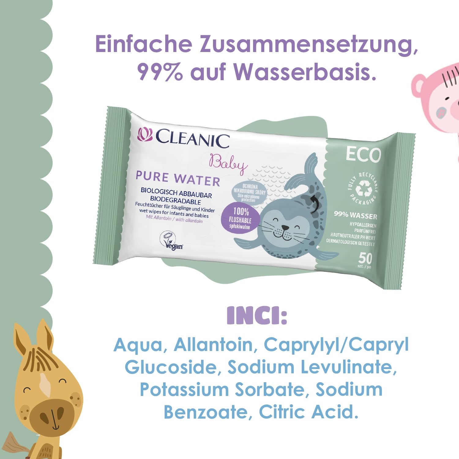 Cleanic Baby Eco Pure Water Feuchttücher – (1 x 50 Stk.) Feuchttücher für Kinder und Kleinkinder – parfümfrei, abspülbar, empfindliche Haut – 50 Stk.