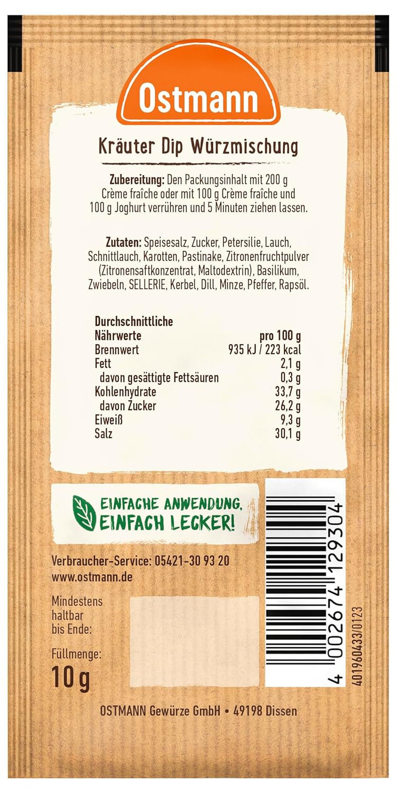 Ostmann Gewürze – Kräuter Dip, aromatische Gewürze für leckere Dips und Soßen zu Snacks, Chips, Brot, Fleisch, Gemüse und vielem mehr, 10 g
