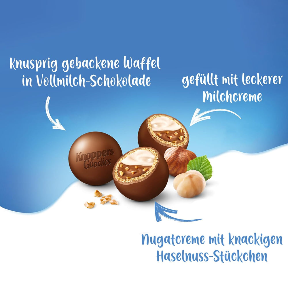 Knoppers Goodies Crunchy Minis – 1 x 180g – knusprige Waffelbällchen gefüllt mit Haselnussstückchen, Milch und Nougatcreme, überzogen mit Schokolade