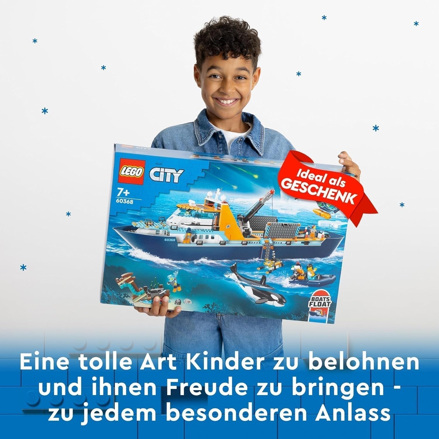 LEGO City Arktisches Forschungsschiff, großes schwimmendes Spielzeugboot mit Hubschrauber, Schlauchboot, Rov-U-Boot, Wikingerwrack, 7 Minifiguren und Orca-Figur, Geschenk für Kinder ab 7 Jahren 60368 Bausets Besuchen Sie den LEGO-Store