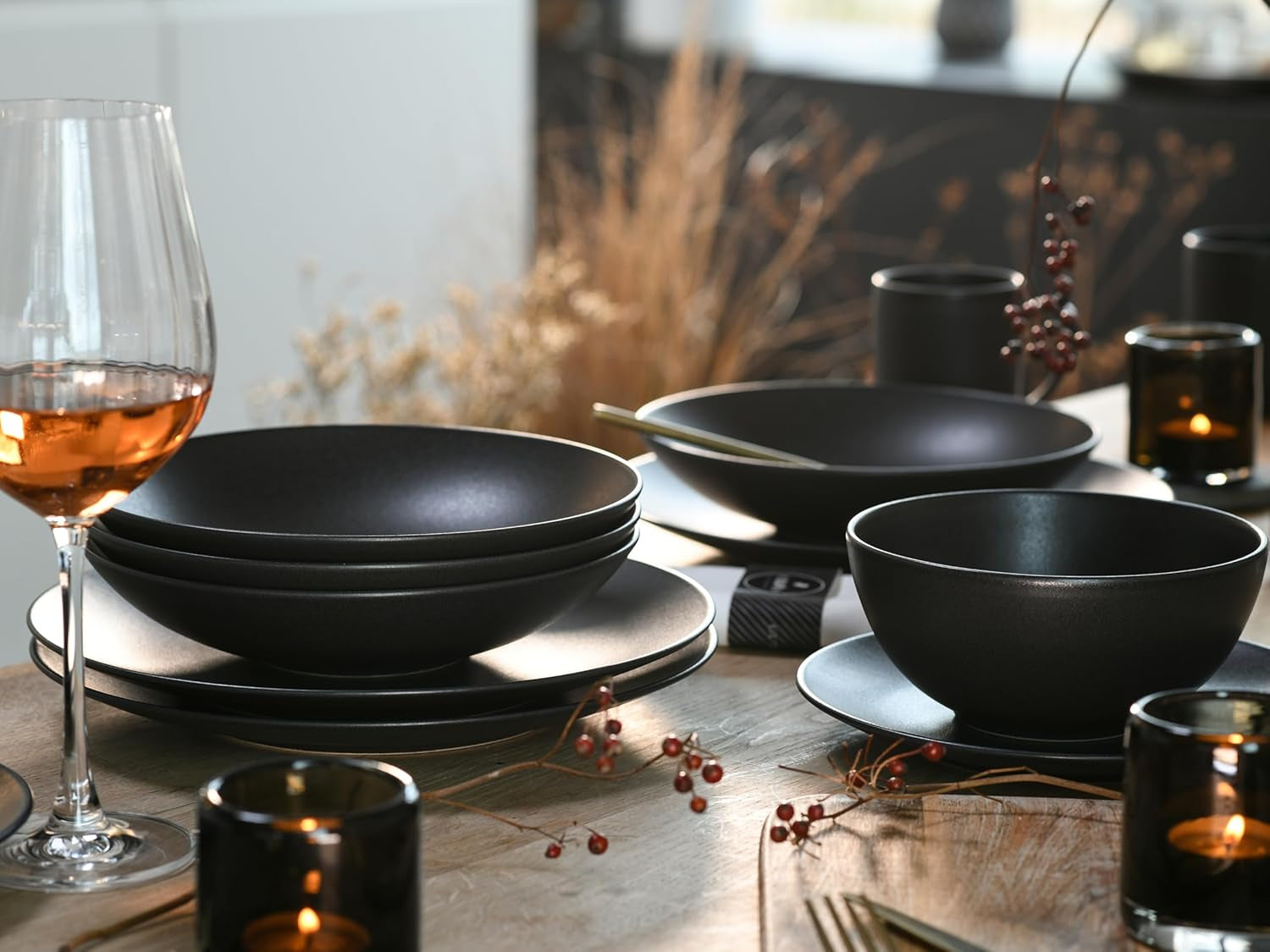 Creatable, 23146, seria SOFT TOUCH BLACK, set de veselă cu 20 de piese, serviciu combinat din gresie, potrivit pentru mașina de spălat vase și cuptorul cu microunde, fabricat în Portugalia