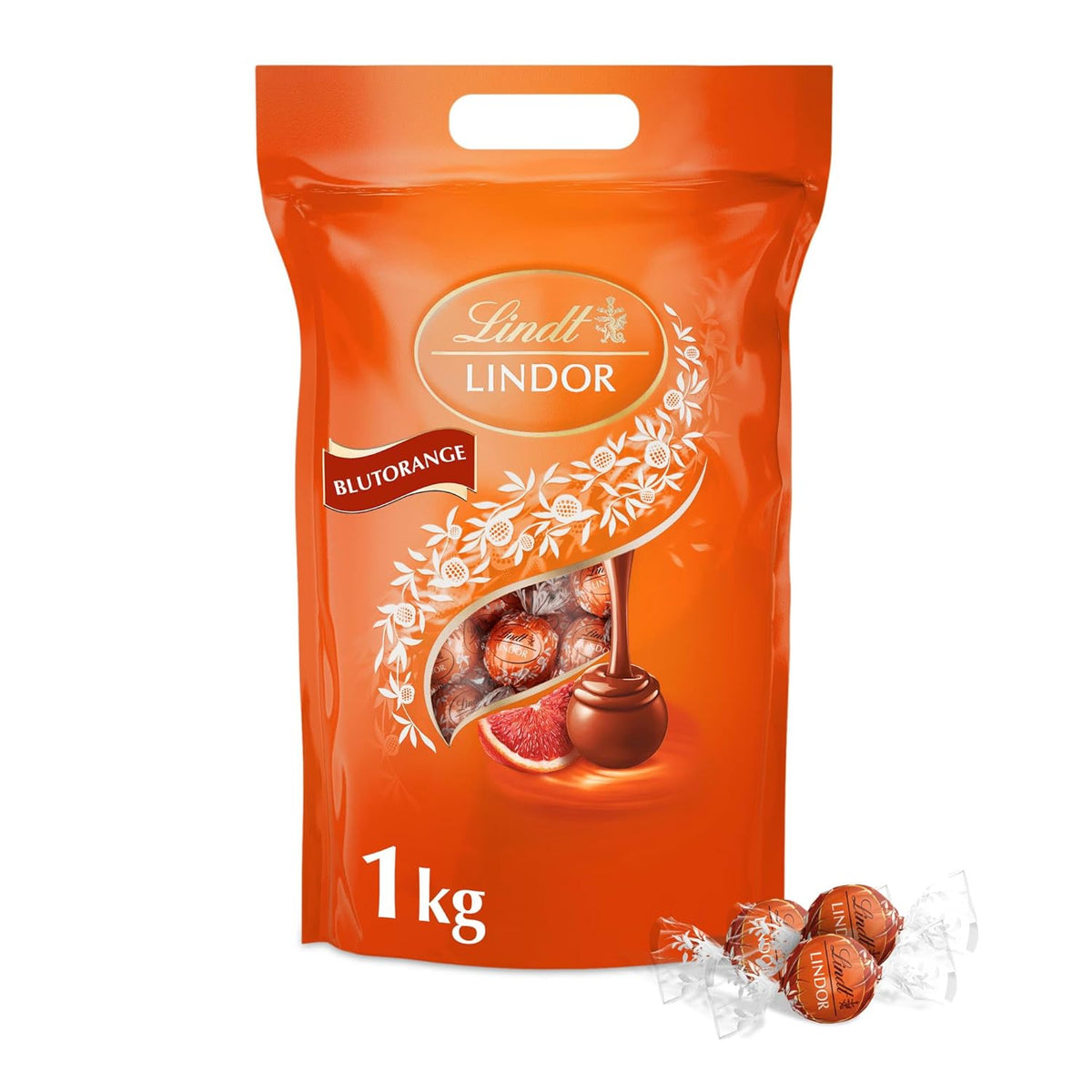 Lindt LINDOR Rot-Orangen-Schokoladenkugeln | 1 kg wiederverschließbarer Beutel | ca. 80 Pralinen mit zartschmelzender Füllung | Großpackung, Schokoladengeschenk