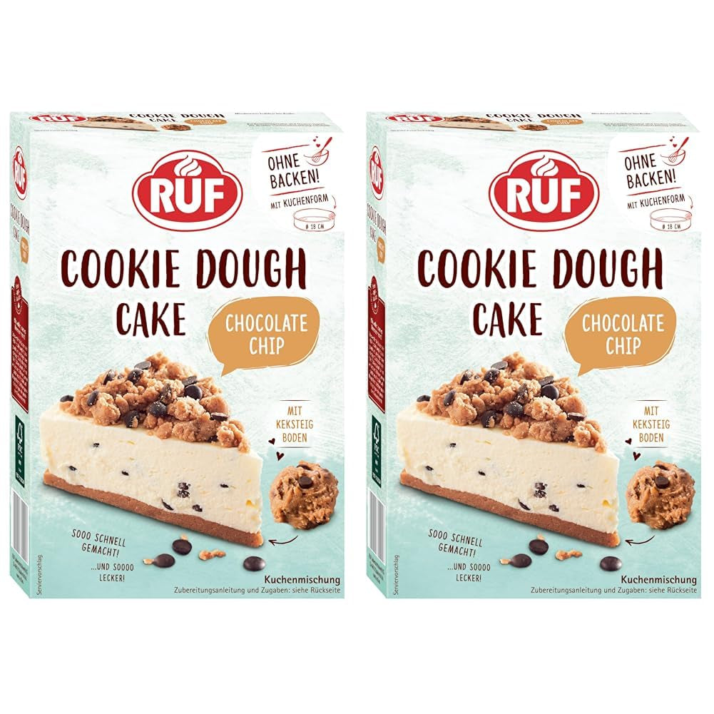 RUF Cookie Dough Cake Ohne Backen, Tortenboden Aus Keksteig Mit Frischkäse-Creme Und Schokoladenstückchen, Inkl. Kuchenform, 1X325G Mischung zum Backen und Kochen Naty Shop 325 G (2Er Pack) Cookie Dough Cake
