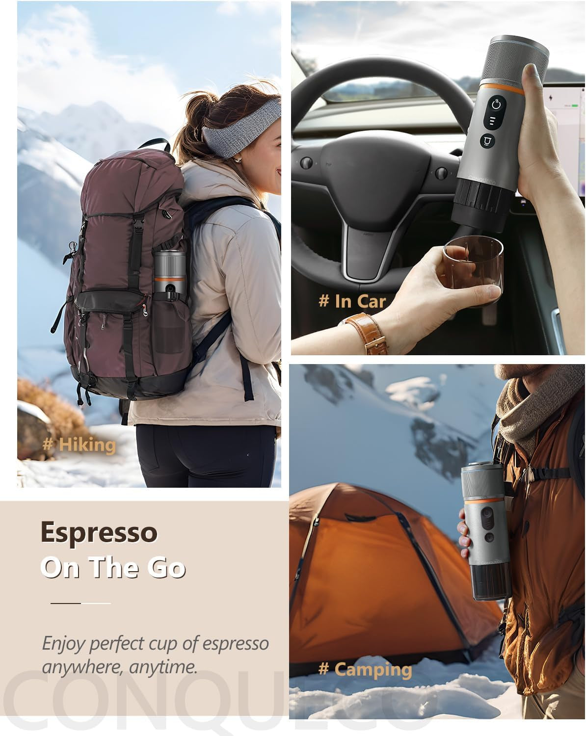 Espressor auto CONQUECO 12V: Espressor portabil cu baterie pentru camping și călătorii - Încălzire rapidă în 2,5 minute - 8 cești de espresso cu o singură încărcare